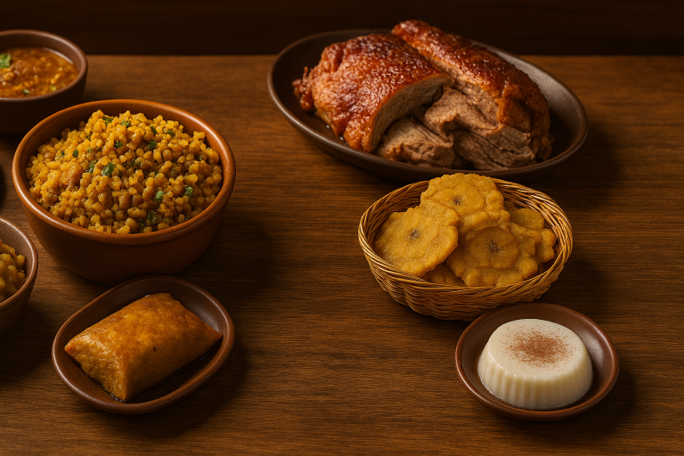 Banner for Traditional Puerto Rican dishes including arroz con gandules, pernil, mofongo, and tostones on a rustic wooden table.