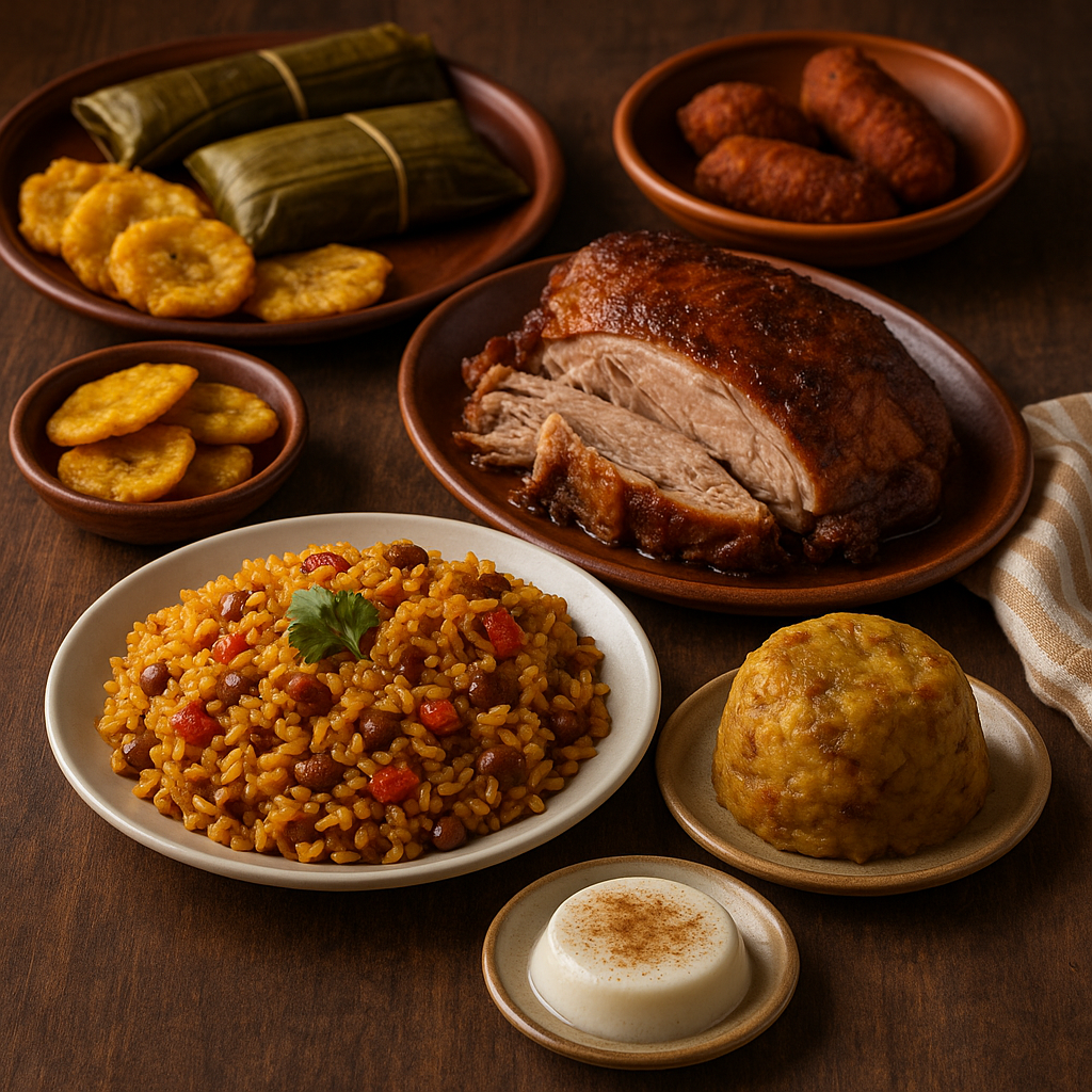 Traditional Puerto Rican dishes including arroz con gandules, pernil, mofongo, and tostones on a rustic wooden table.